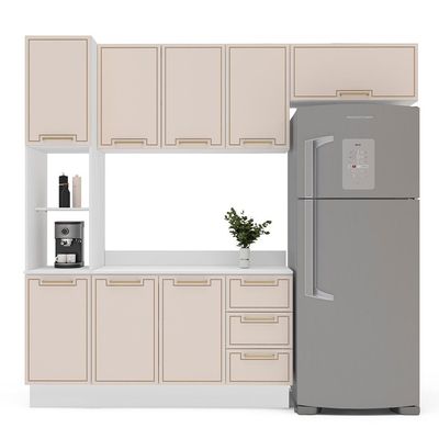 Cozinha Completa com Tampo e Rodapé Amara 8 Portas 3 Gavetas Creme e Branca