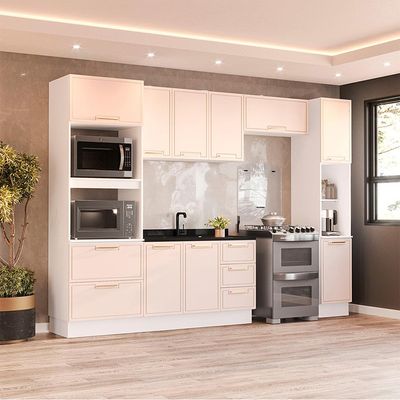 Cozinha Compacta Sem Tampo com Rodapé e Paneleiro Amara 10 Portas 4 Gavetas Creme e Branca