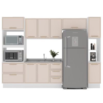 Cozinha Compacta Sem Tampo com Rodapé e Paneleiro Amara 10 Portas 4 Gavetas Creme e Branca