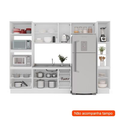 Cozinha Compacta Sem Tampo com Rodapé e Paneleiro Amara 10 Portas 4 Gavetas Creme e Branca