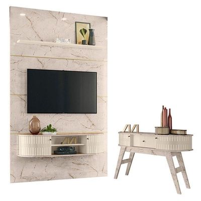 Estante Home Theater Com Bancada Suspensa Monte Carlo Com Aparador Estoril Calacata Off White – Madetec