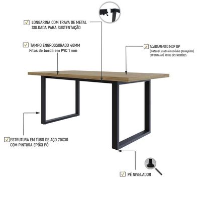 Mesa De Jantar Queens R 180x90x77cm Qemj9180r Vermont Oak - Est.preta Vermont Oak/est.preta
