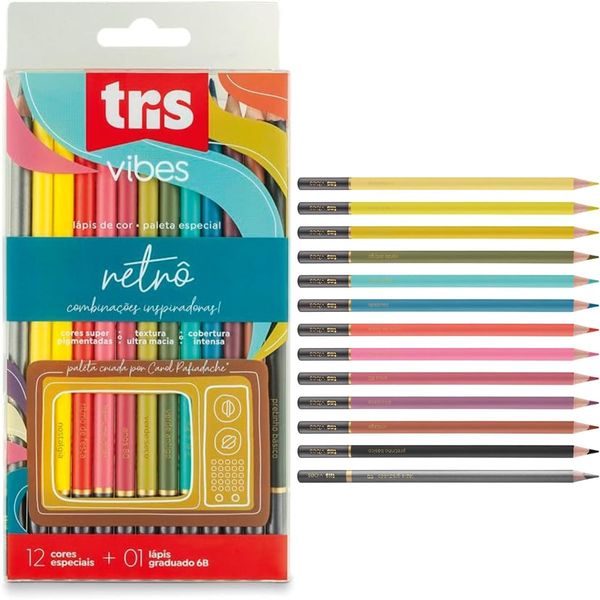 Lápis de Cor Vibes Retrô 12 Cores + Lápis Graduado 6B - Tris