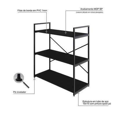 Estante C/03 Prateleiras 84x80x33cm Yon Preto Tx/est.preta Preto Tx/est.preta