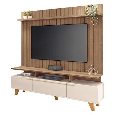 Rack Bancada Essenza E Painel Link 2.0 Com Mesa De Centro Sky Com Tampo De Vidro Off White Castanho – Hb Móveis