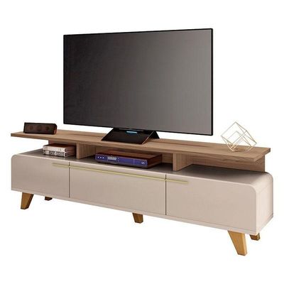 Rack Bancada Essenza E Painel Link 2.0 Com Mesa De Centro Sky Com Tampo De Vidro Off White Castanho – Hb Móveis