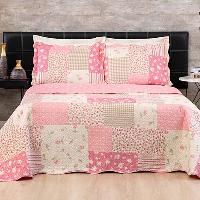Kit Cobre Leito Colcha Dallas King Dupla Face Estampada 3 Peças - Rosa Patchwork Cloud