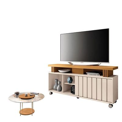 Rack Bancada Rivera 1.3 Com Mesa De Centro Sky Com Tampo De Vidro Off White Cinamomo – Hb Móveis