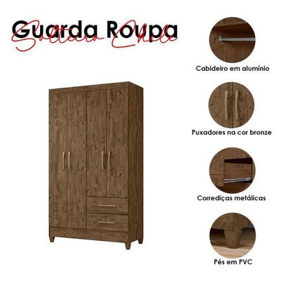 Guarda Roupa Solteiro Chile 4 Portas Castanho Wood - Moval