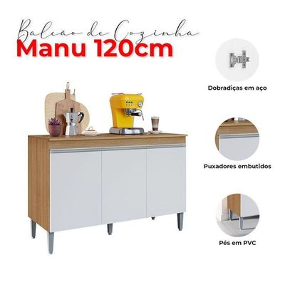 Balcão De Cozinha Ambiente Manu Com Tampo 120cm Amêndoa Branco - Ajl
