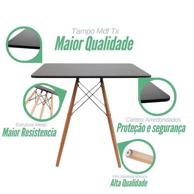 Mesa Jantar Sala Cozinha Eiffel Eames Elegante 90cm Quadrada Canto Arredondado Moderno Cor Preto
