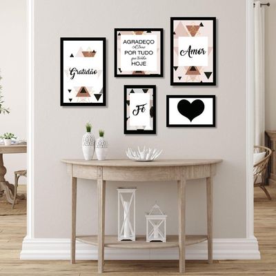 Kit 5 Quadros Decorativos Frases Amor Fé Gratidão Placa Sala