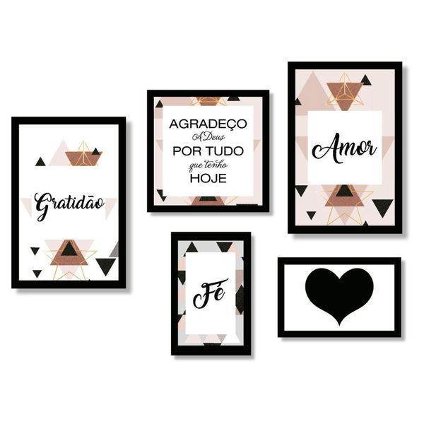 Kit 5 Quadros Decorativos Frases Amor Fé Gratidão Placa Sala