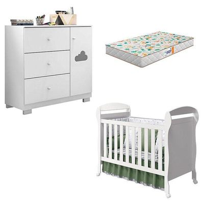 Berço Americano Danny E Cômoda Infantil Ane Branco Brilho Com Colchão Gazin – Phoenix Baby