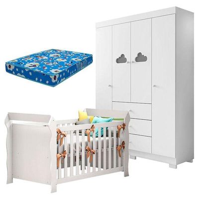 Berço Americano Lara E Guarda Roupa Infantil Ane Branco Brilho Com Colchão Ortobom – Phoenix Baby
