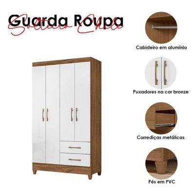 Guarda Roupa Solteiro Ambiente Chile 4 Portas Naturale Branco - Moval