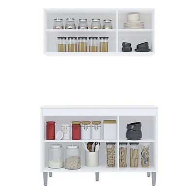 Balcão De Cozinha Manu Com Tampo 120 Cm E Armário Aéreo Andréia Branco Brilho - Ajl