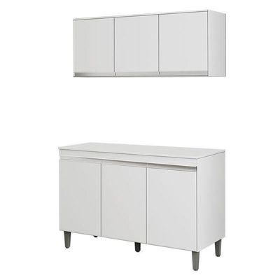 Balcão De Cozinha Manu Com Tampo 120 Cm E Armário Aéreo Andréia Branco Brilho - Ajl