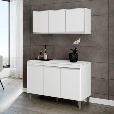 Balcão De Cozinha Manu Com Tampo 120 Cm E Armário Aéreo Andréia Branco Brilho - Ajl
