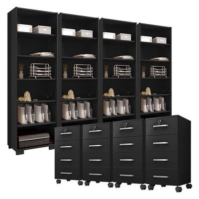 Kit 4 Gaveteiros Para Escritório Gávea Com Chave E 4 Livreiros Office Preto Fosco – Móveis Leão