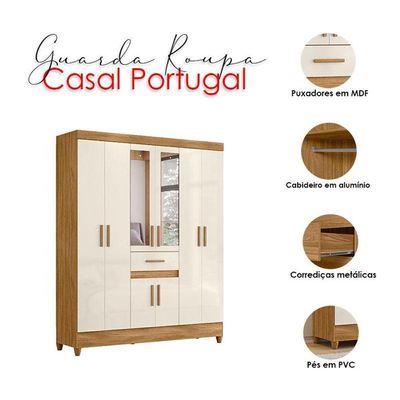 Guarda Roupa Casal Ambiente Portugal 8 Portas Freijó Off White Com Espelho - Moval