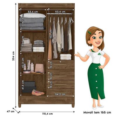 Guarda Roupa Solteiro Ambiente Sobral 4 Portas Castanho Wood Com Espelho - Moval