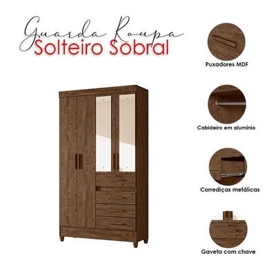 Guarda Roupa Solteiro Ambiente Sobral 4 Portas Castanho Wood Com Espelho - Moval