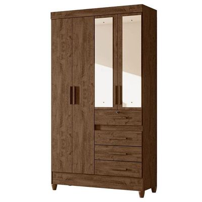 Guarda Roupa Solteiro Ambiente Sobral 4 Portas Castanho Wood Com Espelho - Moval