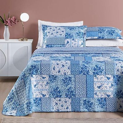 Colcha Estampada Dupla Face Bouti King 03 Peças - Azul Sereno