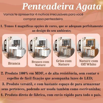 Penteadeira Camarim Com Mesa De Cabeceira Espelho Led 4 Gavetas Pés Em Madeira Branco / Nature