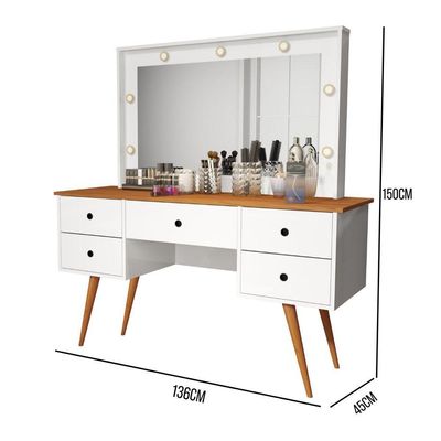Penteadeira Camarim Com Espelho Led 5 Gavetas Banqueta Inclusa Courino Pé Madeira Branco/nature