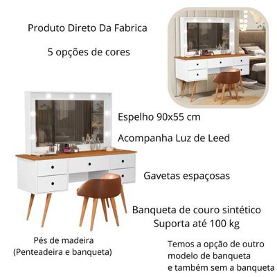 Penteadeira Camarim Com Espelho Led 5 Gavetas Banqueta Inclusa Courino Pé Madeira Branco/nature