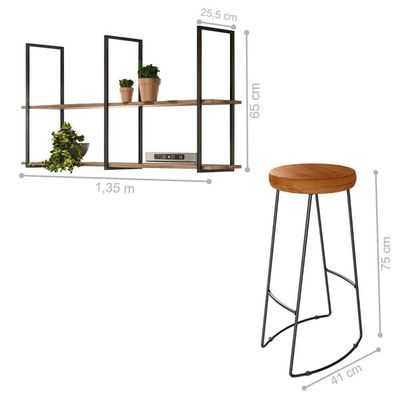 Kit Cozinha Industrial Prateleira E 4 Banquetas Selena Madeira