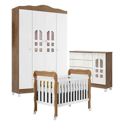 Quarto De Bebê New Selena 4 Portas Com Berço Lila E Cômoda Selena Branco Acetinado Amadeirado – Carolina Móveis