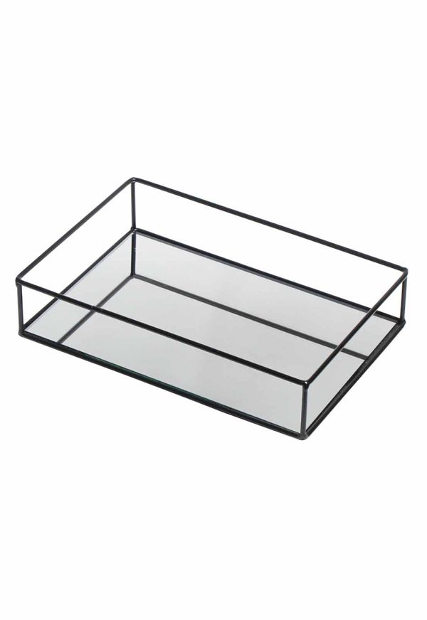 Bandeja Metal com Espelho Decorativa Lavabo Banheiro Preto