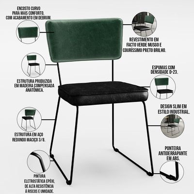 Kit 02 Cadeiras Decorativas Sala Jantar Allana L02 Facto Verde Musgo Couríssimo Preto - Lyam Decor