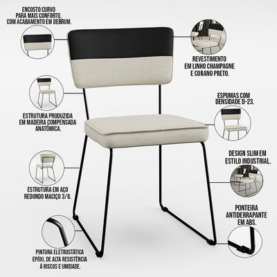 Kit 04 Cadeiras Decorativas Estofada Allana L02 Faixa Corano Preto Linho Champagne - Lyam Decor