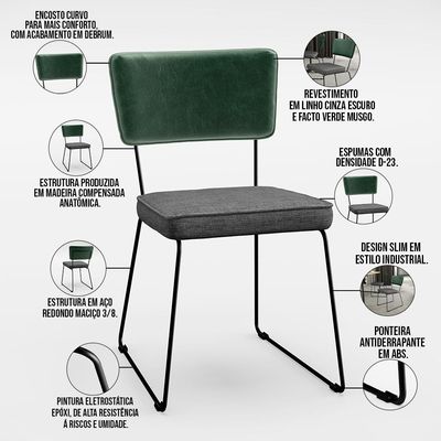 Kit 06 Cadeiras Decorativas Sala Jantar Allana L02 Facto Verde Musgo Linho Cinza Escuro - Lyam Decor