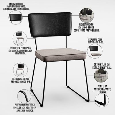 Cadeira Decorativa Estofada Sala De Jantar Allana L02 Couríssimo Preto Linho Bege - Lyam Decor