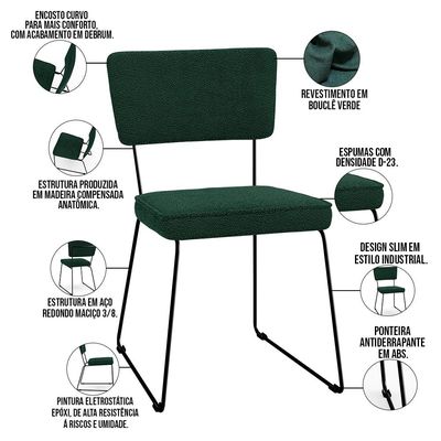 Cadeira Decorativa Estofada Para Sala De Jantar Base Em Aço Allana L02 Bouclê Verde - Lyam Decor