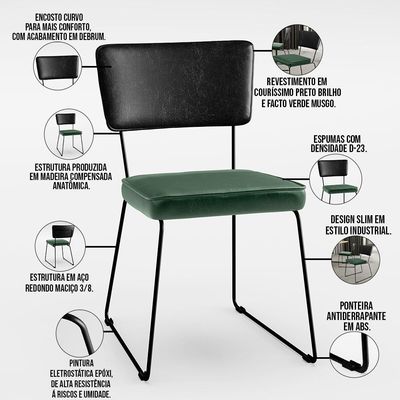 Kit 06 Cadeiras Decorativas Sala Jantar Allana L02 Couríssimo Preto Facto Verde Musgo - Lyam Decor