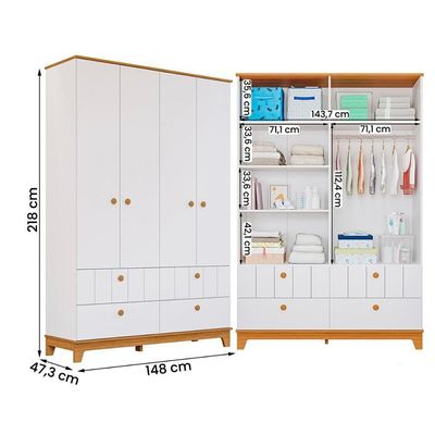 Conjunto Biscoito Roupeiro 4 Portas E Cômoda 6 Gavetas Branco Acetinado nature