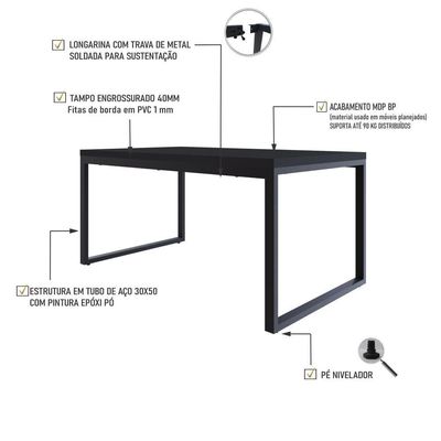 Mesa De Jantar Yon 160 X 90 X 76 Cm Preto Tx/est.preta Preto Tx/est.preta
