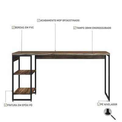 Mesa C/estante Baixa 150x64x75cm C/02 Prateleiras Carvalho Dark / Est.preta