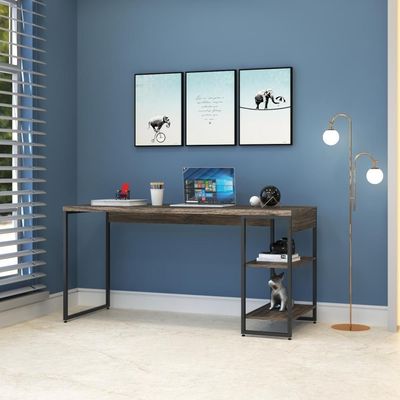 Mesa C/estante Baixa 150x64x75cm C/02 Prateleiras Carvalho Dark / Est.preta