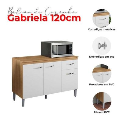 Balcão De Cozinha Gabriela Com Tampo 120cm E Armário Aéreo Andréia Amêndoa Branco - Ajl