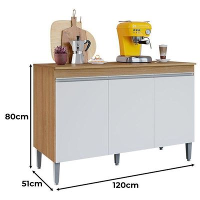 Balcão De Cozinha Manu Com Tampo 120cm E Armário Aéreo Andréia Amêndoa Branco - Ajl