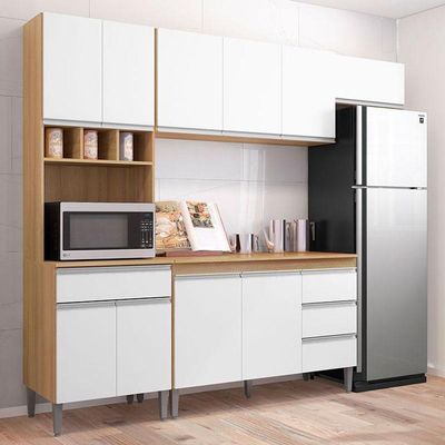 Cozinha Com Balcão E Tampo 120cm Ambiente Andréia Amêndoa Branco - Ajl