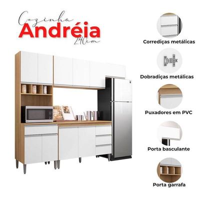 Cozinha Com Balcão E Tampo 120cm Ambiente Andréia Amêndoa Branco - Ajl