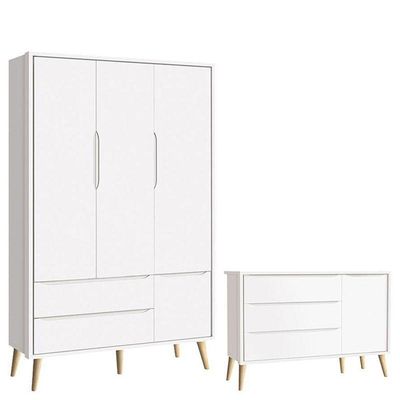 Cômoda Infantil Com Porta E Guarda Roupa 3 Portas Theo Branco Acetinado Pés Madeira Natural ? Reller